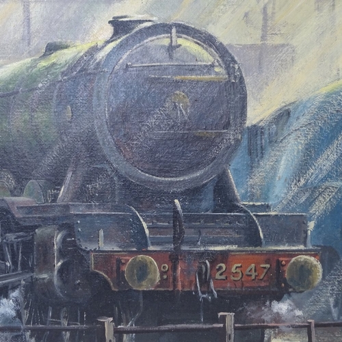 2103 - Geoff Shaw, oil on board, steam trains at York Station, signed, 24