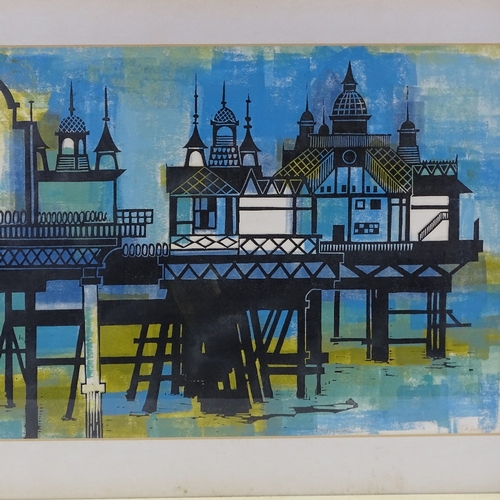 2109 - J M Downs, colour lino-cut, Eastbourne Pier, signed and dated '70, no. 7/10, 15