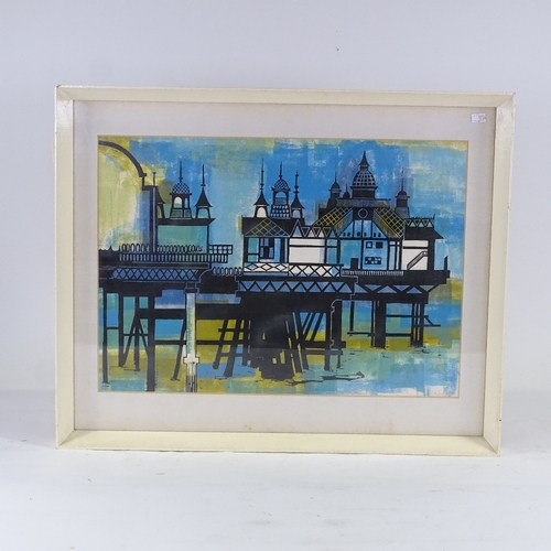 2109 - J M Downs, colour lino-cut, Eastbourne Pier, signed and dated '70, no. 7/10, 15