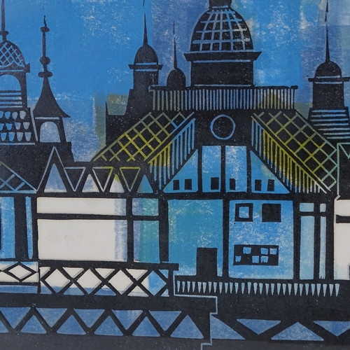 2109 - J M Downs, colour lino-cut, Eastbourne Pier, signed and dated '70, no. 7/10, 15