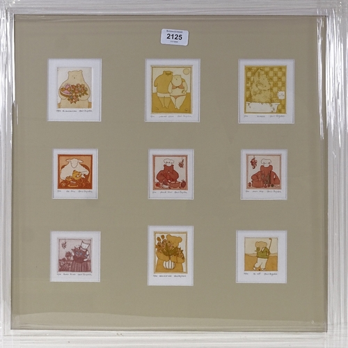 2125 - Harriet Brigdale, 9 miniature coloured etchings, signed in pencil, mounted in common frame, overall ... 