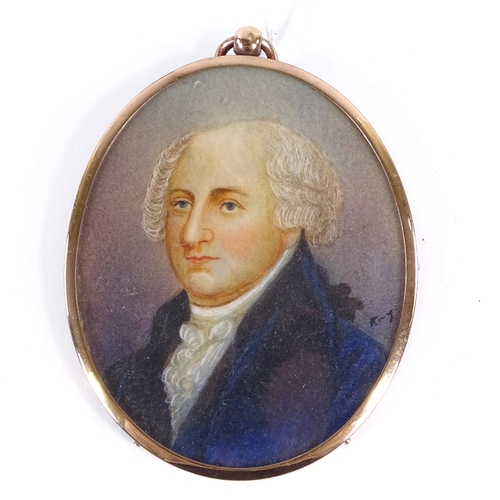 2136 - 19th century miniature watercolour portrait of a gentleman, indistinctly signed, gilt-metal frame, o... 