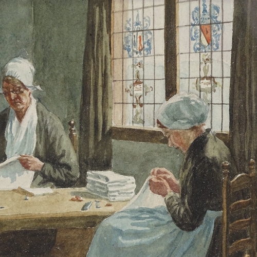 2144 - 19th/20th century watercolour, ladies sewing, unsigned, 6.5