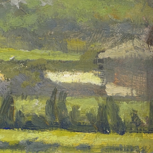 2145 - Oil on board, Continental landscape, unsigned, 20