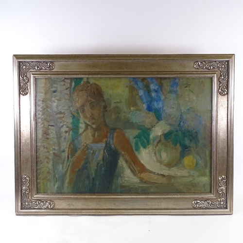 2146 - Mid-20th century oil on board, girl with flowers, unsigned, 20