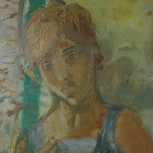 2146 - Mid-20th century oil on board, girl with flowers, unsigned, 20