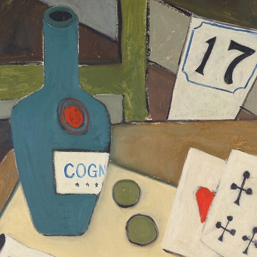 2148 - Oil on canvas, cubist style still life, unsigned, 30