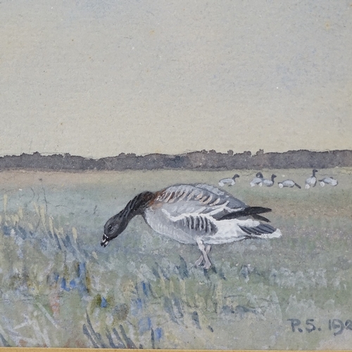 2150 - Sir Peter Scott, watercolour, pink footed geese, signed with monogram dated 1929, 3