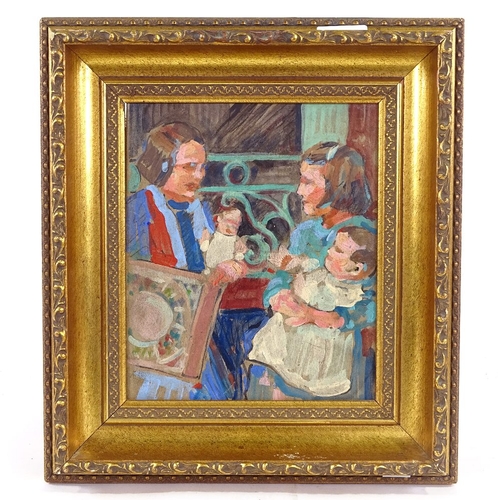 2157 - Early 20th century oil on board, children with dolls, unsigned, 9.5