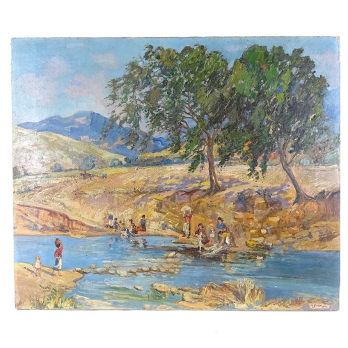 2168 - H Pearson, oil on canvas, washing clothes on the riverbank, signed, 25