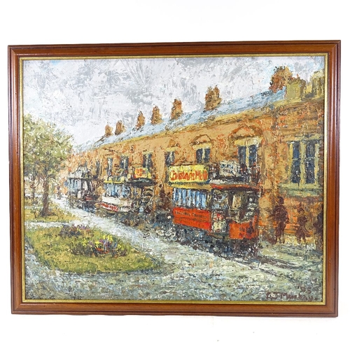 2169 - Oil on board, impressionist tram scene, signed with monogram AJM, 20