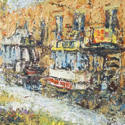 2169 - Oil on board, impressionist tram scene, signed with monogram AJM, 20