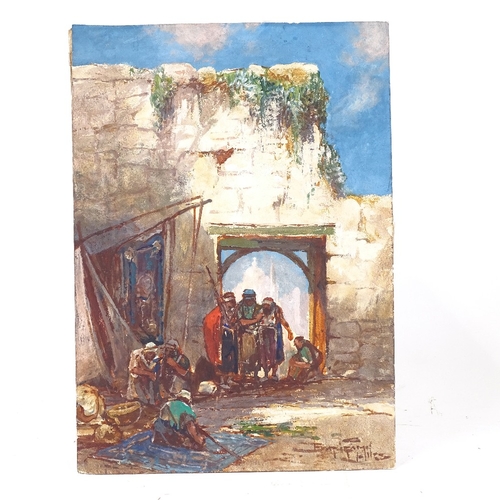 2180 - Early 20th century oil on card, Middle Eastern street scene, indistinctly signed, 15