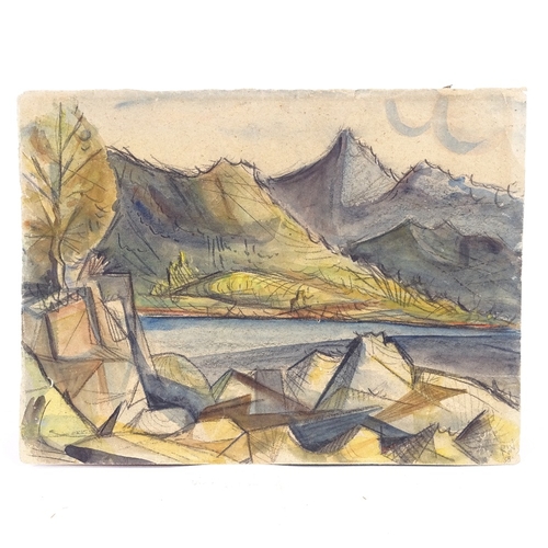 2182 - Watercolour, cubist style, landscape, signed with monogram RW '58, 11