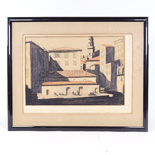 2187 - John Lewis, charcoal and watercolour, street scene, 1936, 10.5