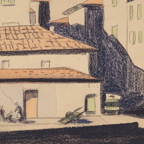 2187 - John Lewis, charcoal and watercolour, street scene, 1936, 10.5