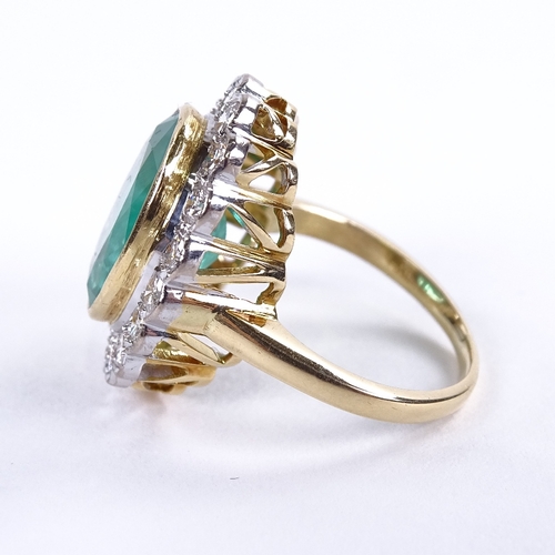 1108 - A large oval emerald and diamond cluster ring, central oval mixed-cut emerald approx 6.75ct, surroun... 