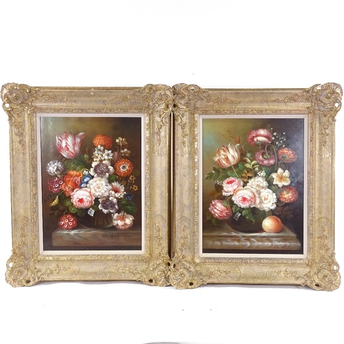 2201 - A pair of modern oils on board, Dutch style still life, indistinctly signed, 16