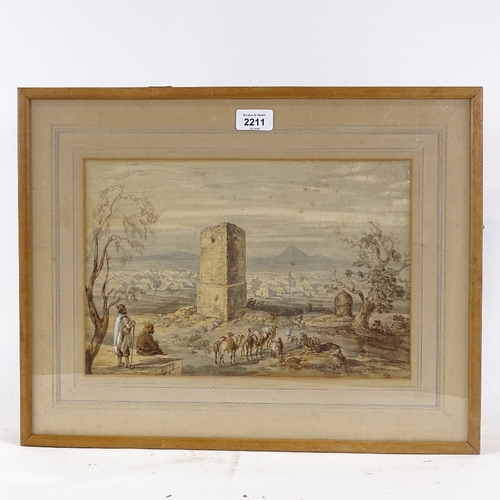 2211 - 19th century watercolour, Indian landscape with Army encampment, unsigned, 9.5