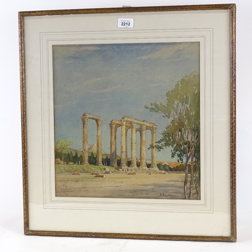 2212 - Greek/Russian School, watercolour, temple ruins, indistinctly signed, 15