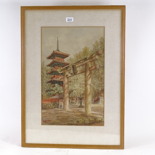 2213 - M Kawashugo, watercolour, temple, signed, 20