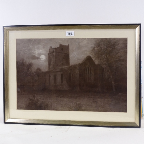 2218 - 19th century charcoal and chalk drawing, church by moonlight, indistinctly signed, 13