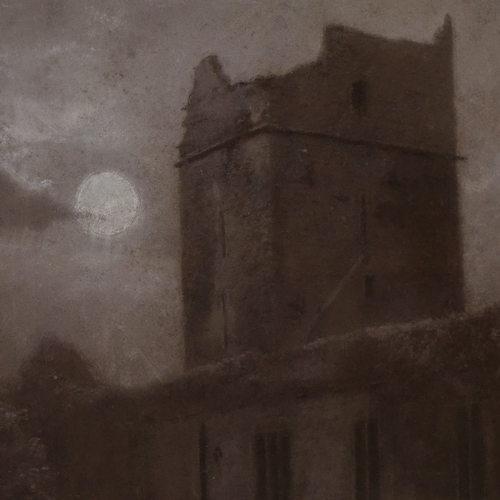 2218 - 19th century charcoal and chalk drawing, church by moonlight, indistinctly signed, 13