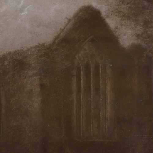 2218 - 19th century charcoal and chalk drawing, church by moonlight, indistinctly signed, 13