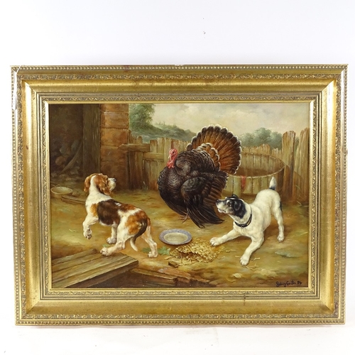 2221 - Johnny Gaston (born 1955), oil on board, puppies and rooster in the farmyard, signed and dated '84, ... 