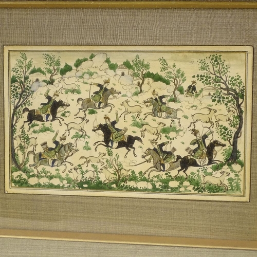 2229 - A group of 3 Persian paintings, hunting scenes, original wood frames with silk mounts, overall frame... 