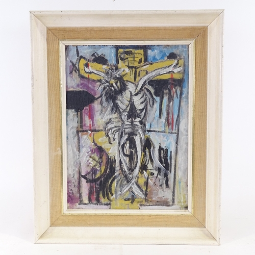 2233 - Acrylic on board, crucifixion scene, unsigned, 16