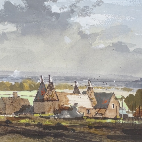 2243 - Rowland Hilder, watercolour, oast houses in landscape, signed, 9.5