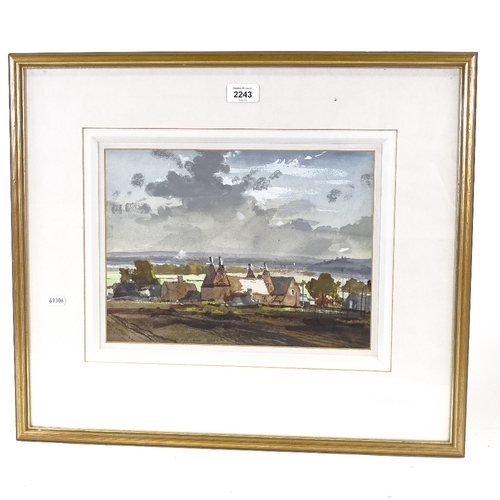 2243 - Rowland Hilder, watercolour, oast houses in landscape, signed, 9.5