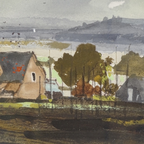 2243 - Rowland Hilder, watercolour, oast houses in landscape, signed, 9.5