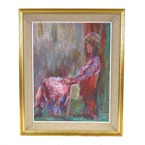 2247 - Mary Grahame, oil on board, seated woman, signed and dated 1985, 18