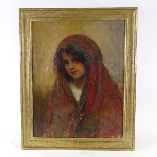 2251 - Late 19th/early 20th century oil on canvas, girl wearing a shawl, unsigned, 24