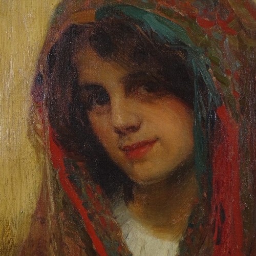 2251 - Late 19th/early 20th century oil on canvas, girl wearing a shawl, unsigned, 24