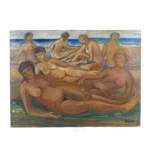 2255 - Lorna Dunn, oil on canvas, bathers at the shore, signed, 21