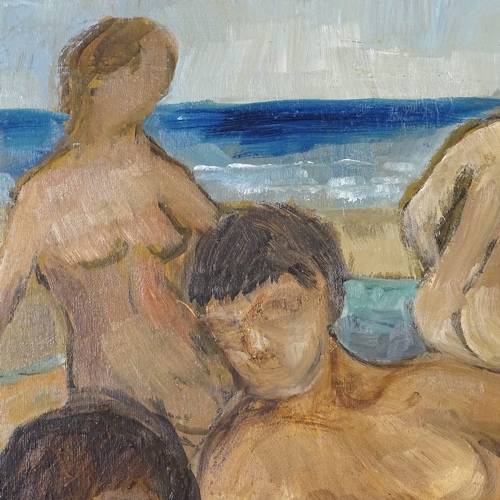 2255 - Lorna Dunn, oil on canvas, bathers at the shore, signed, 21