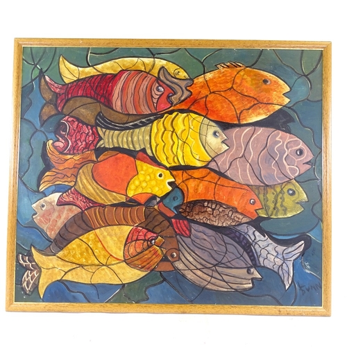 2257 - Lorna Dunn, 2 oils on board, abstract fish, largest 24