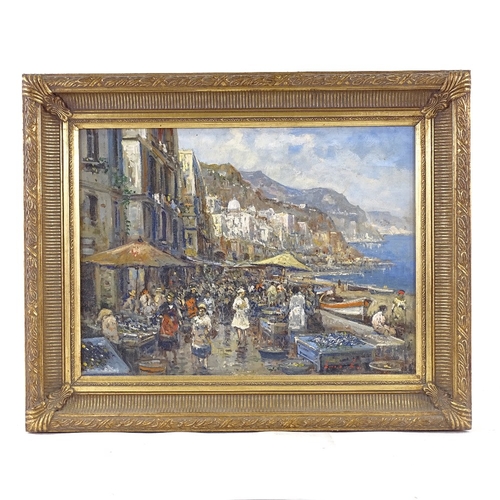 2276 - Eniko Esposito, oil on board, Italian harbour scene, signed with Exhibition information verso, 12