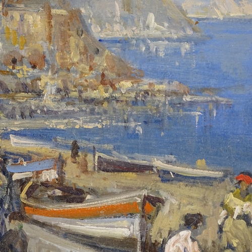 2276 - Eniko Esposito, oil on board, Italian harbour scene, signed with Exhibition information verso, 12