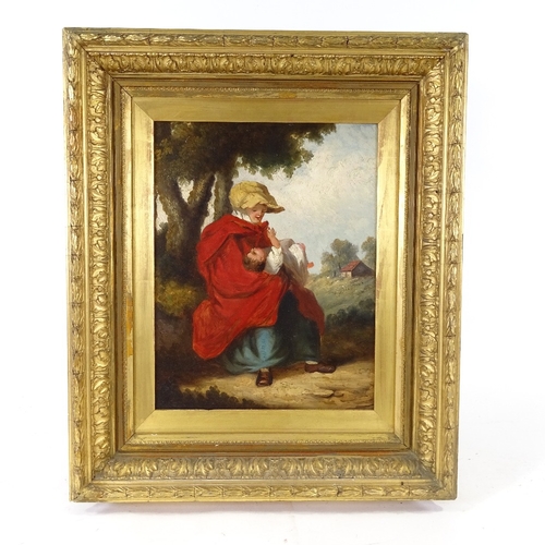 2280 - 19th century oil on panel, woman and child in rural setting, unsigned, 13