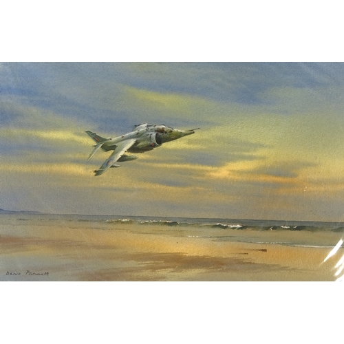 2289 - Denis Pannett, watercolour, Harrier jet over the coast, signed, 13