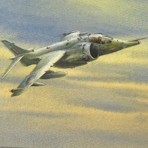 2289 - Denis Pannett, watercolour, Harrier jet over the coast, signed, 13