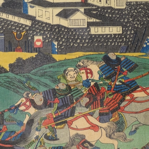 2299 - Yoshichika, 19th century Japanese woodblock triptych battle scene, each panel 14