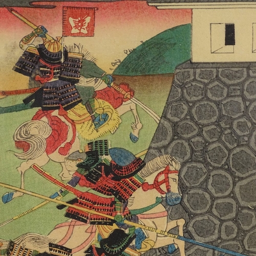 2299 - Yoshichika, 19th century Japanese woodblock triptych battle scene, each panel 14