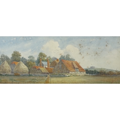 2305 - J Owen, watercolour, farm buildings, signed, 5.5