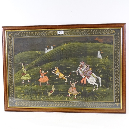 2314 - Mughal painting on linen, a tiger hunt, and 2 other Indian/Mughal paintings, framed (3)