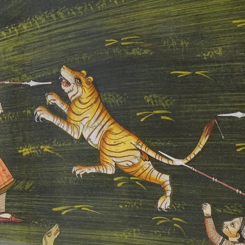 2314 - Mughal painting on linen, a tiger hunt, and 2 other Indian/Mughal paintings, framed (3)